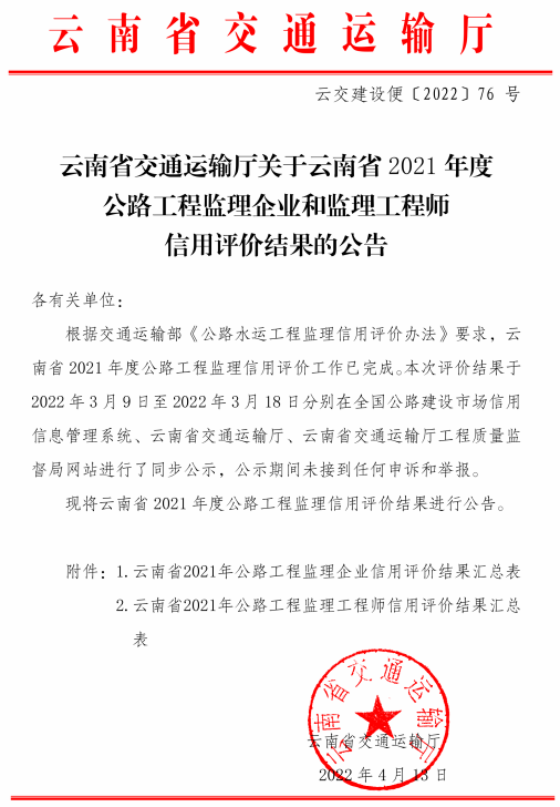 尊龙时凯上榜云南省2021年度公路工程监理企业信用评价结果