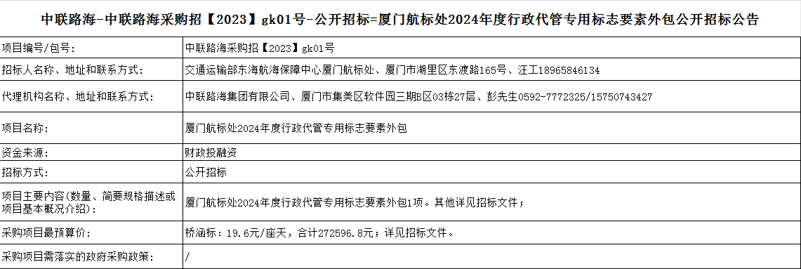 尊龙时凯-尊龙时凯采购招【2023】gk01号-公开招标=厦门航标处2024年度行政代管专用标志要素外包公开招标公告
