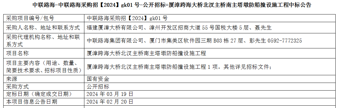 尊龙时凯-尊龙时凯采购招【2024】gk01号-公开招标=厦漳跨海大桥北汊主桥南主塔墩防船撞设施工程中标公告