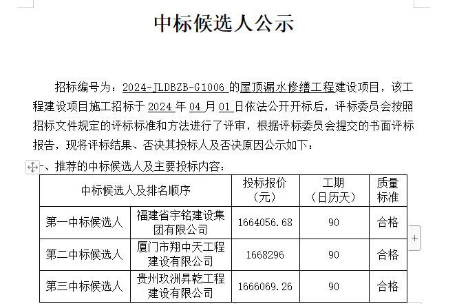 屋顶漏水修缮工程中标候选人公示