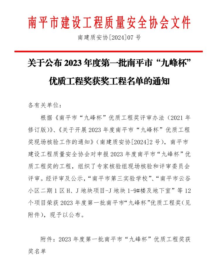 尊龙时凯集团有限公司多个项目获得南平市“九峰杯”优质工程奖！！