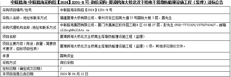 尊龙时凯-尊龙时凯采购招【2024】XJ01-B号-询价采购-厦漳跨海大桥北汊主桥南主塔墩防船撞设施工程（监理）流标公告