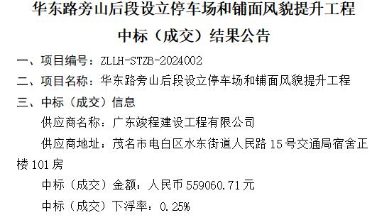 华东路旁山后段设立停车场和铺面风貌提升工程 中标（成交）结果公告